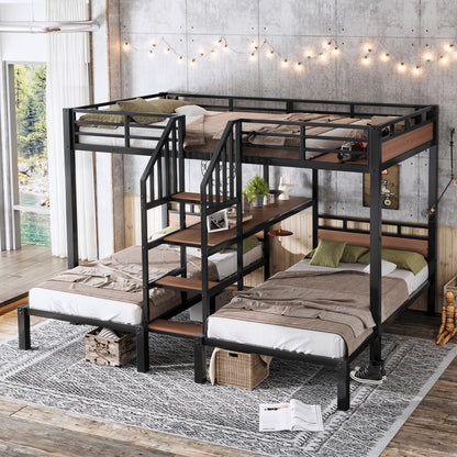 Full over Twin over Twin(Full XL over Twin over Twin) Metal Bunk Bed,triple metal bunk bed with Storage shelves and storage stairs,Black image 1