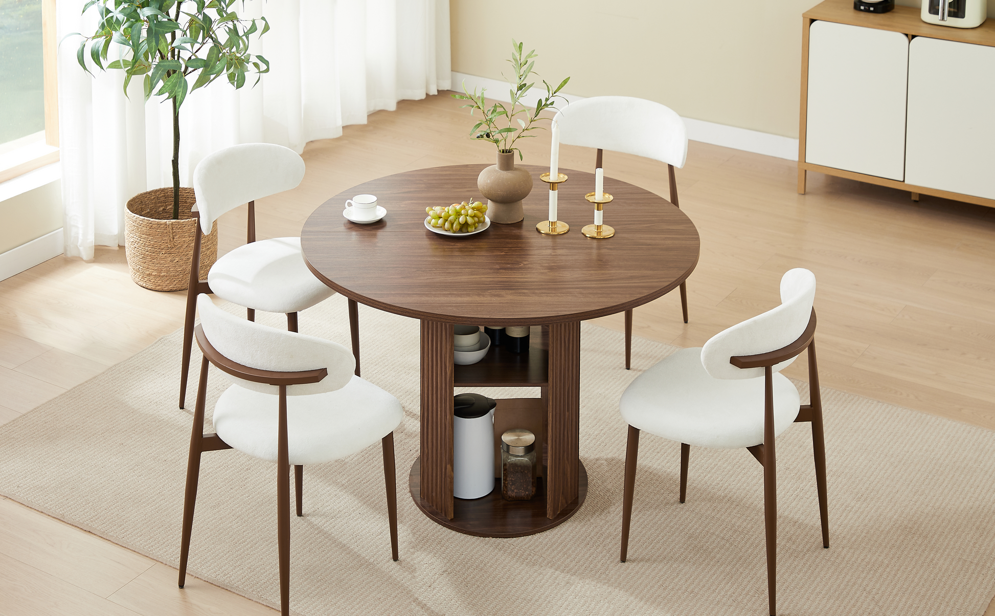 47.24" Round Dining Table (Serves 2–4) with Two Dining Chairs Blends modern and farmhouse styles, featuring a double-tiered storage shelf, suitable for dining rooms or living spaces.Walnut image 6