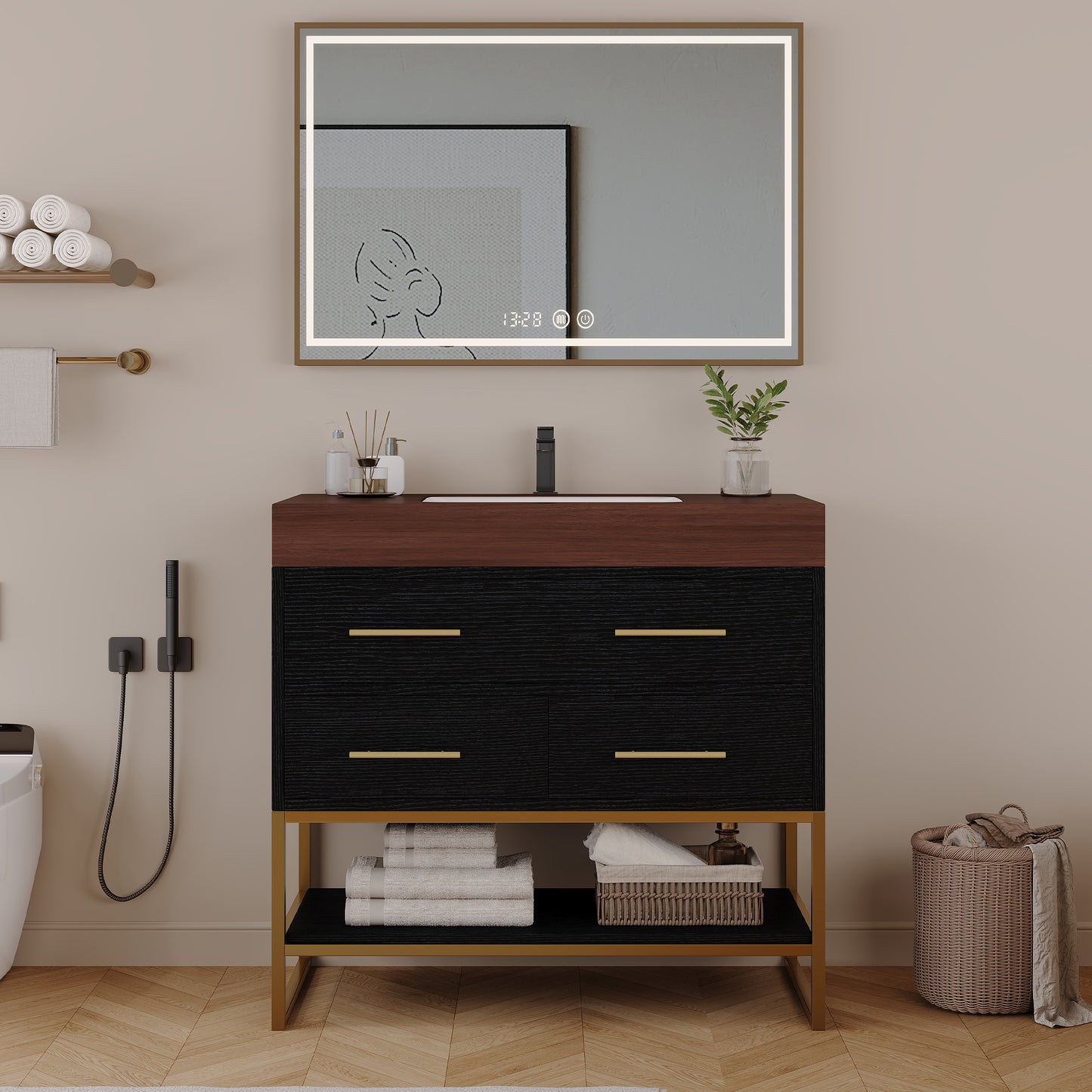 36" Artificial Stone Bathroom Vanity with Ceramic Sink, Modern Bathroom Sink Cabinet with Soft Close Drawers and Open Shelves, Free-standing Bathroom Vanity with Stainless Steel Legs and Large Space S image 2