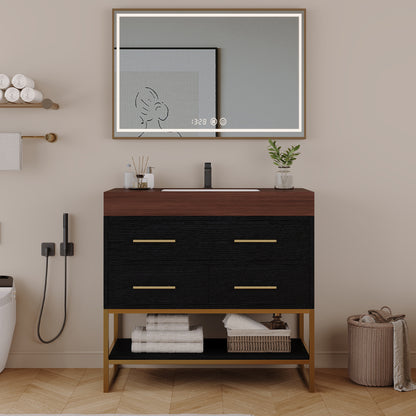 36" Artificial Stone Bathroom Vanity with Ceramic Sink, Modern Bathroom Sink Cabinet with Soft Close Drawers and Open Shelves, Free-standing Bathroom Vanity with Stainless Steel Legs and Large Space S image 2