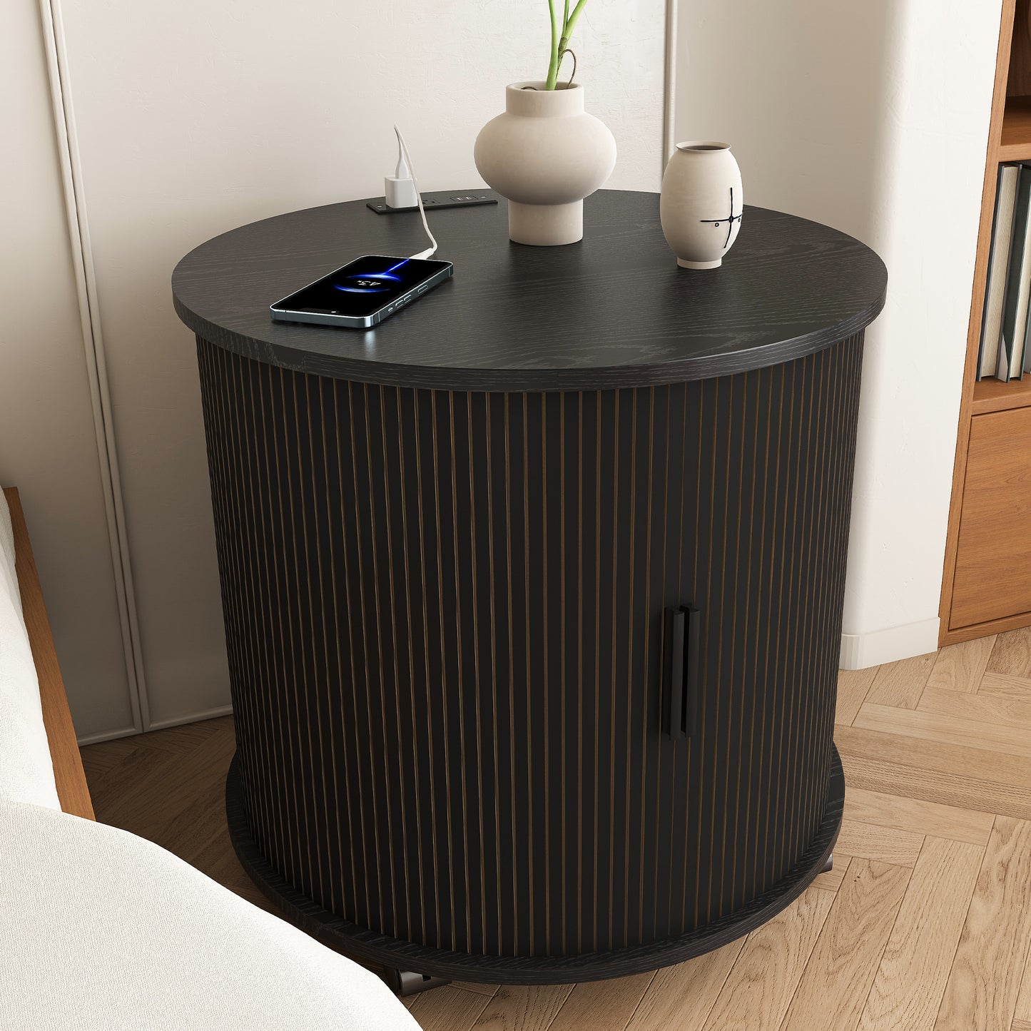 Set of 2 Mid Century Modern Cylinder End Table with Built-in Charging Station & Sliding Door, 2-Tier Storage Round Nightstand with USB Ports, Bedside Table for Living Room, Bedroom, Entryway-Black image 7