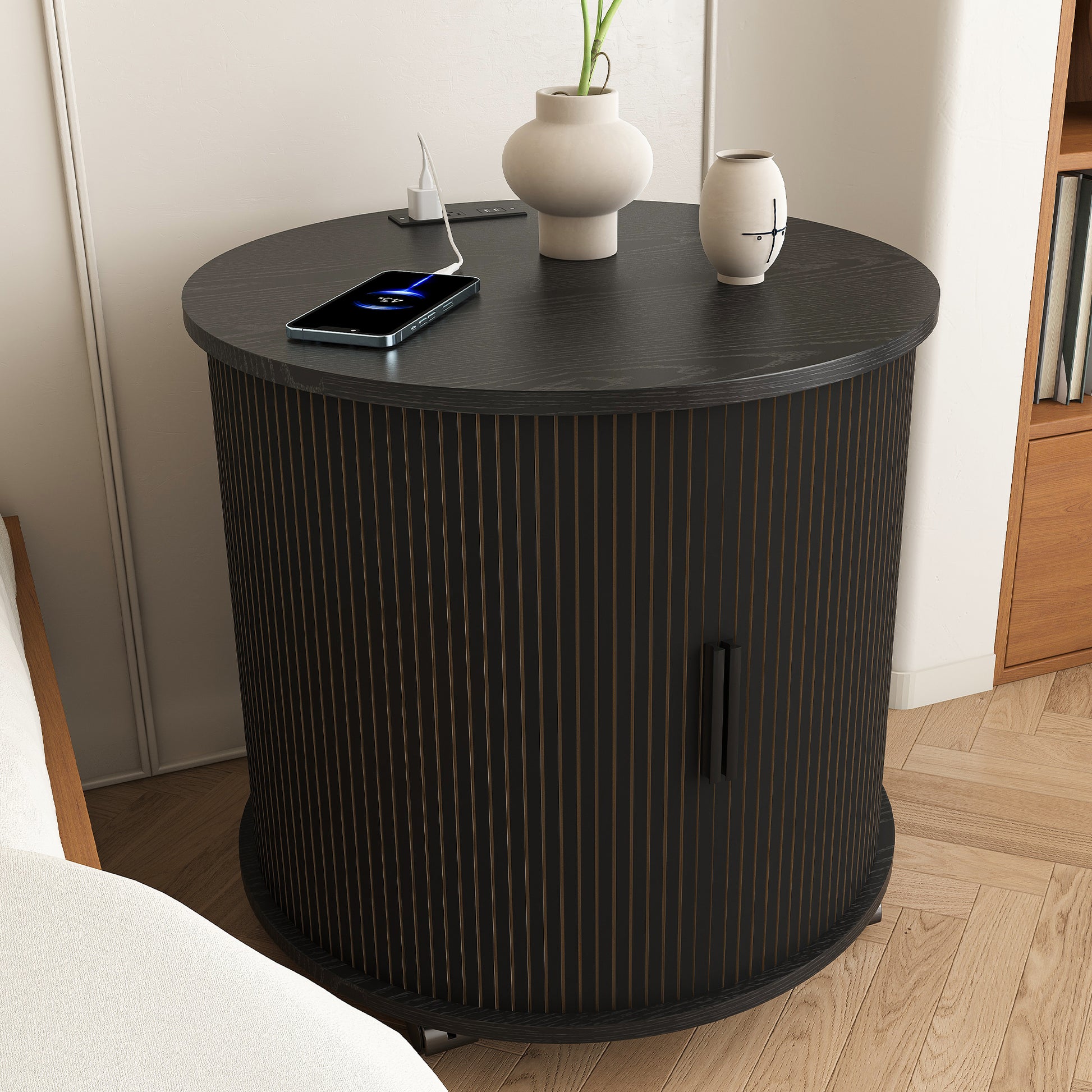 Mid Century Modern Cylinder End Table with Built-in Charging Station & Sliding Door, 2-Tier Storage Round Nightstand with USB Ports, Bedside Table for Living Room, Bedroom, Entryway-Black image 1