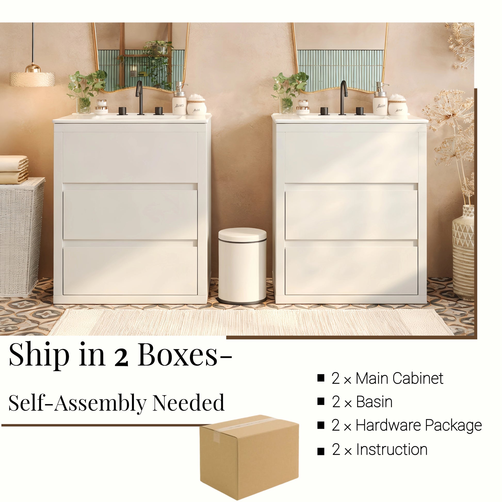 60" Double Sinks Bathroom Vanity Set, Bathroom Cabinet with Two Separate Ceramic Sinks, Full-Extension Drawers & Soft Close Undermount Drawer Slides, White image 5
