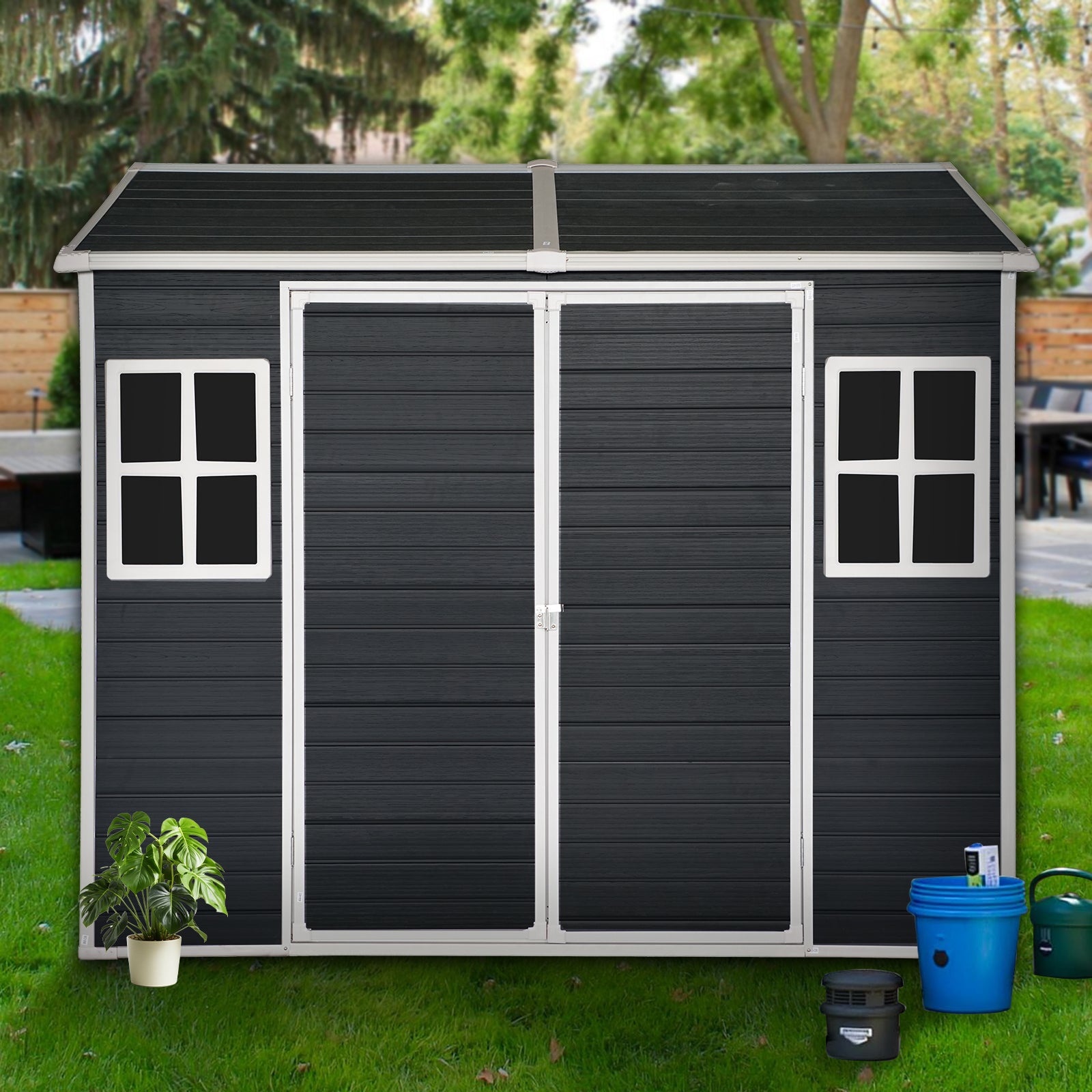 8x4ft Outdoor Resin Garden Shed with Floor and 2 Windows, Plastic Patio Outdoor Storage Shed with Lockable Door for Garden Tools, Bicycles, Trash Cans, Black image 3