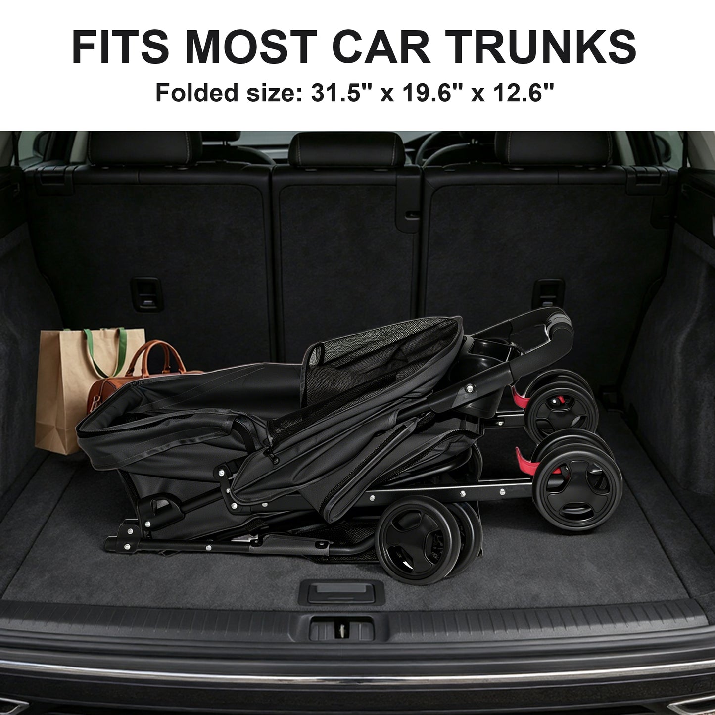 Foldable Pet Stroller for Small Dogs and Cats Under 28 lbs with Multi-Functional Tray, 2 Safety Leashes, Storage Basket & Breathable Mesh, 4 Wheels Pet Stroller, Black image 11
