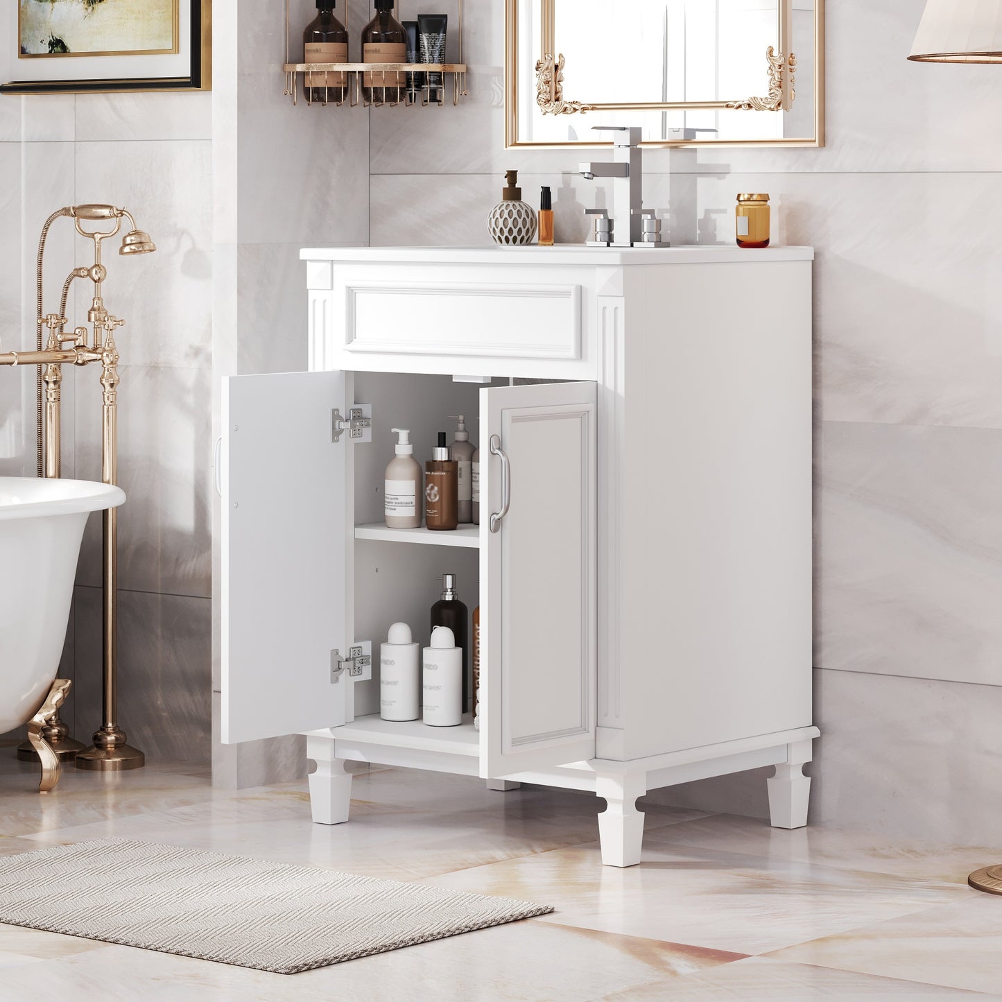 24'' Bathroom Vanity with Top Sink, Modern Bathroom Storage Cabinet with 2 Soft-Closing Doors and Adjustable Shelf, Solid Wood Frame image 3