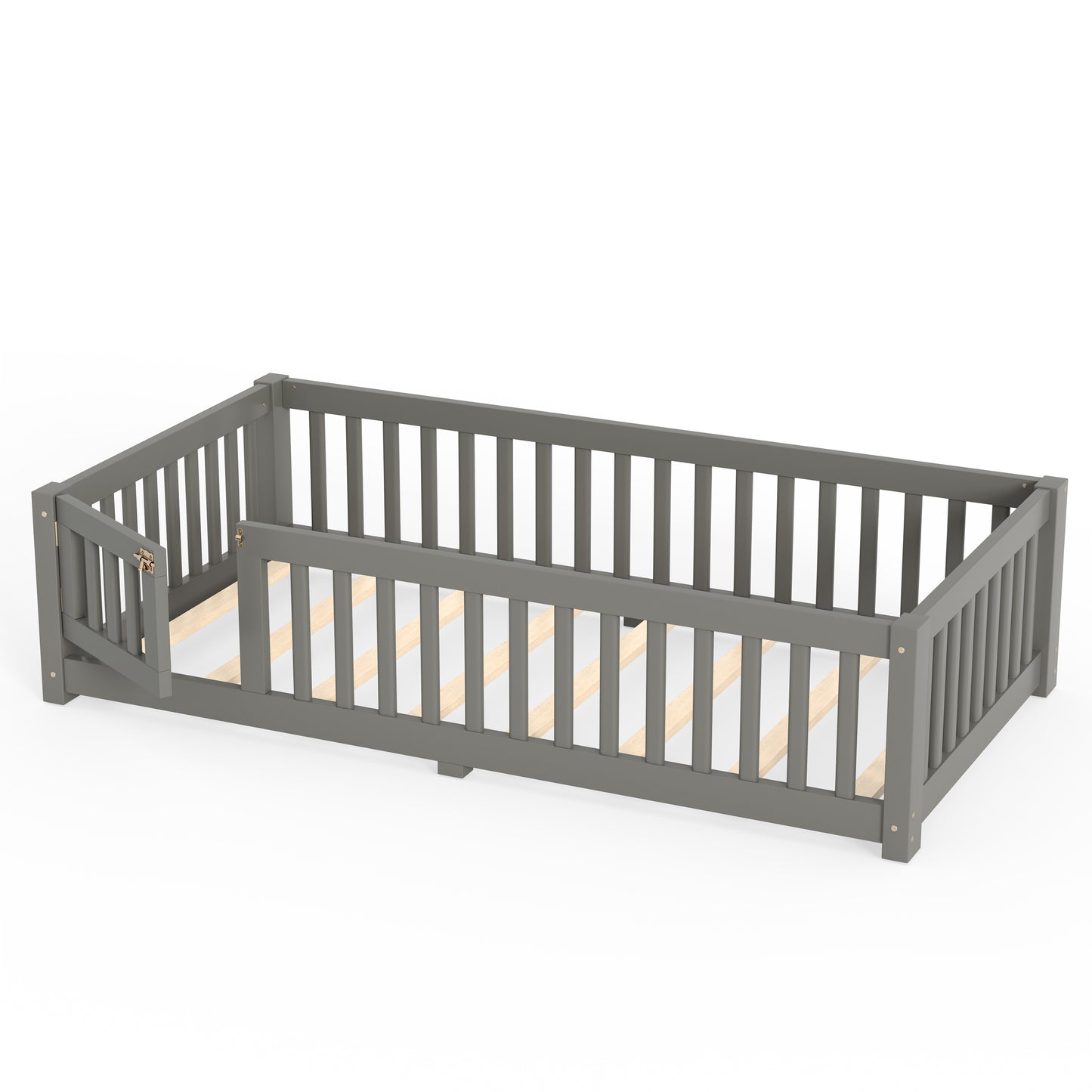 Twin Size Bed Floor Bed with Safety Guardrails and Door for Kids, Gray image 9