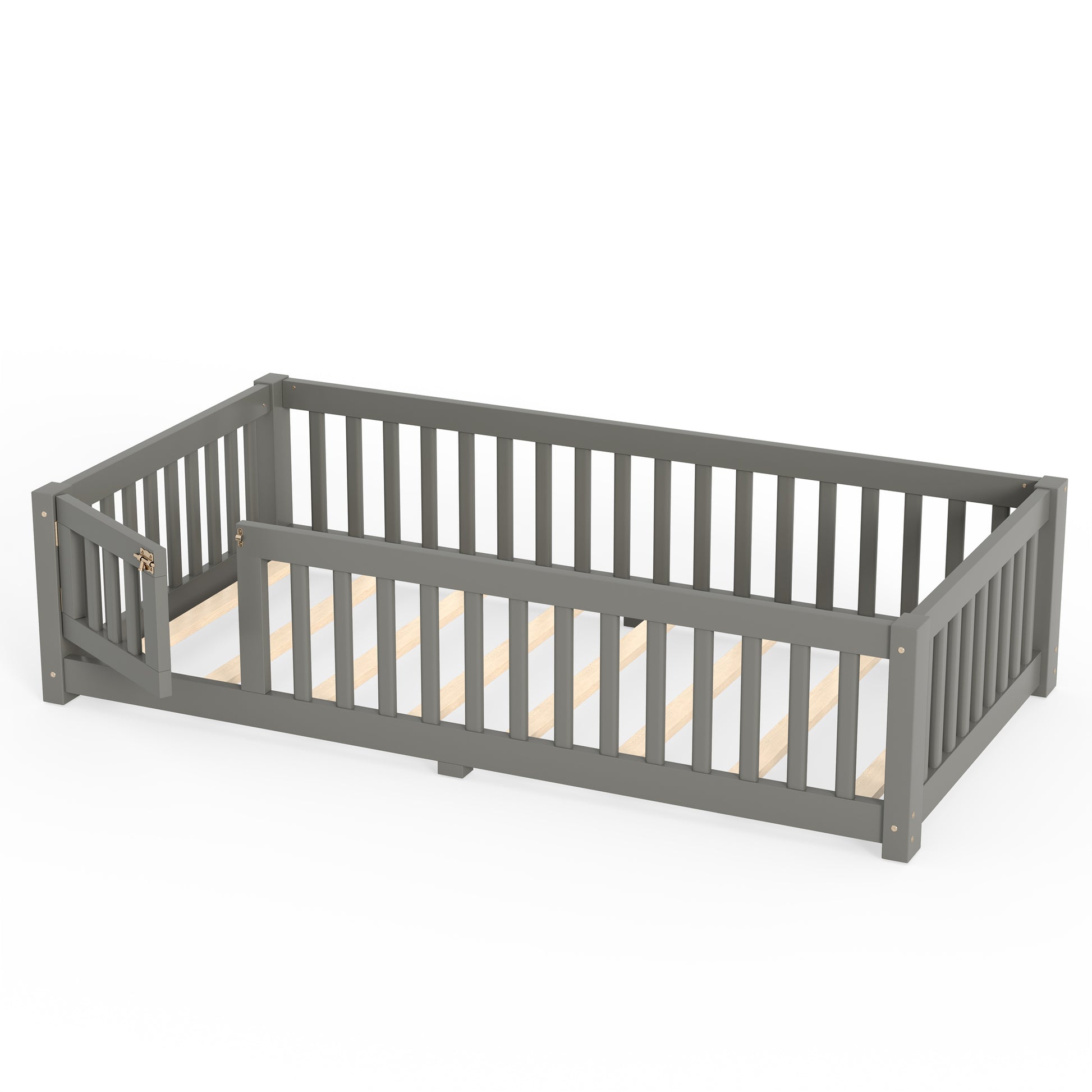 Twin Size Bed Floor Bed with Safety Guardrails and Door for Kids, Gray image 9