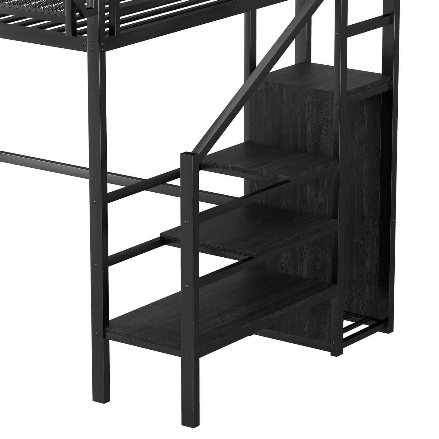 Twin Size Loft Bed with Stairs, Metal Full Loft Bed with Storage Shelves, High Loft Bed with Wardrobe for Kids Teens, Black image 7