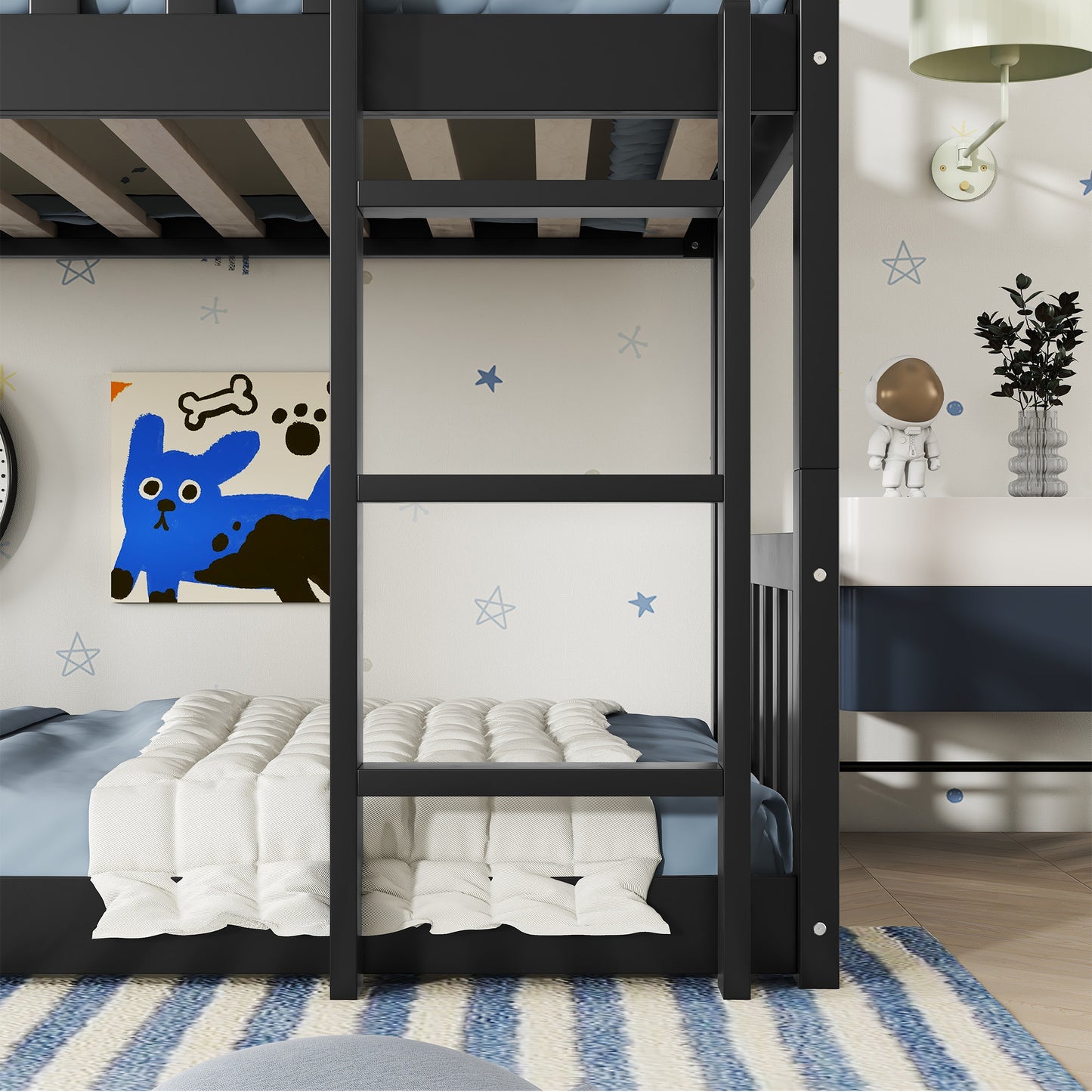 Twin Size Triple Rubber Wood Bunk Bed, with Ladders, Guardrails Detachable Bunk Bed, Twin over Twin over Twin,Black image 6