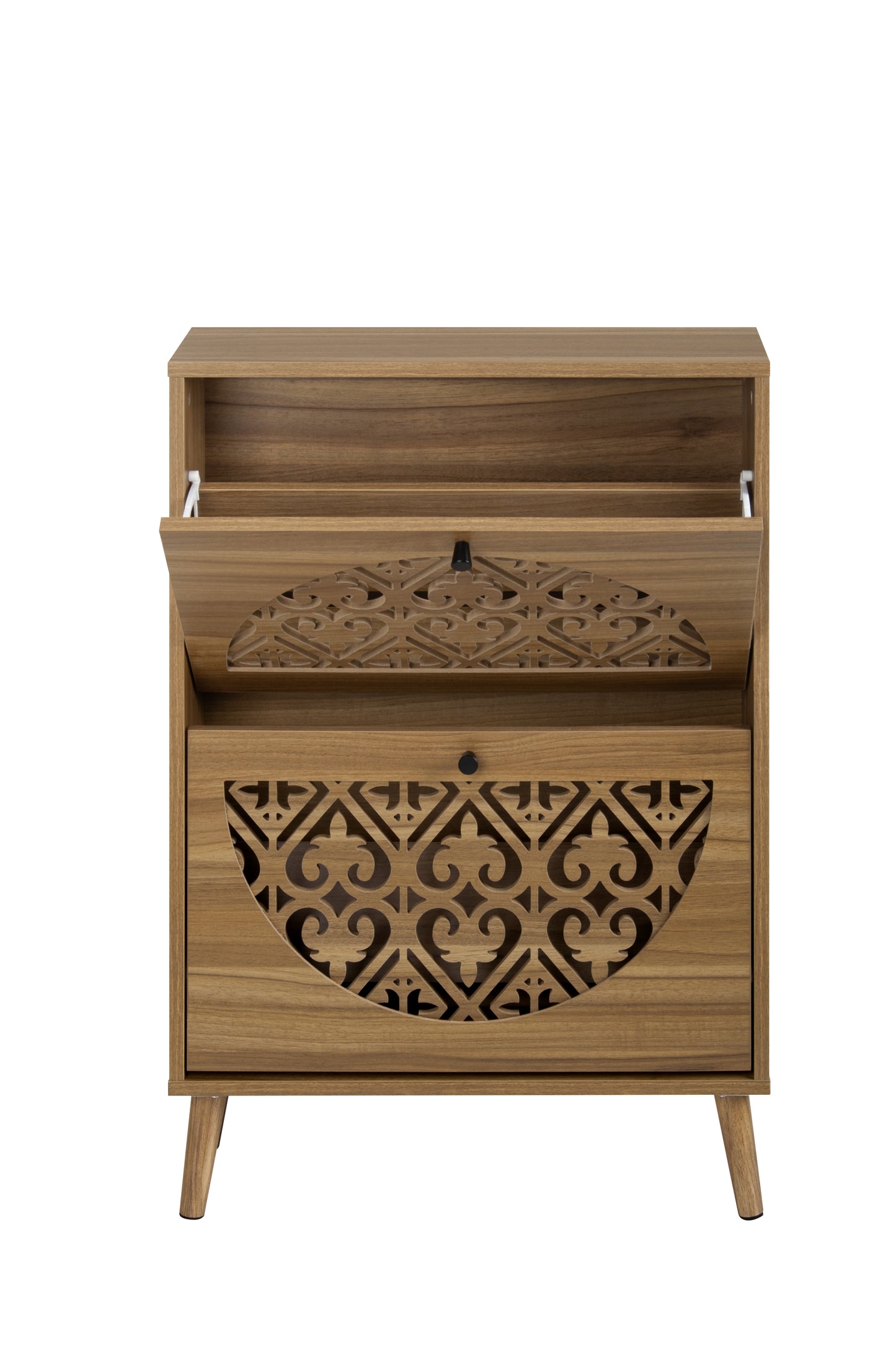 Japandi Narrow Shoe Cabinet with 2 Flip Drawers, Carved Floral Pattern Wooden Shoe Storage Organizer, Freestanding Hidden Shoe Rack for Entryway, Hallway, Living Room, 6.7"x23.63"x34.26",Walnut Brown image 12