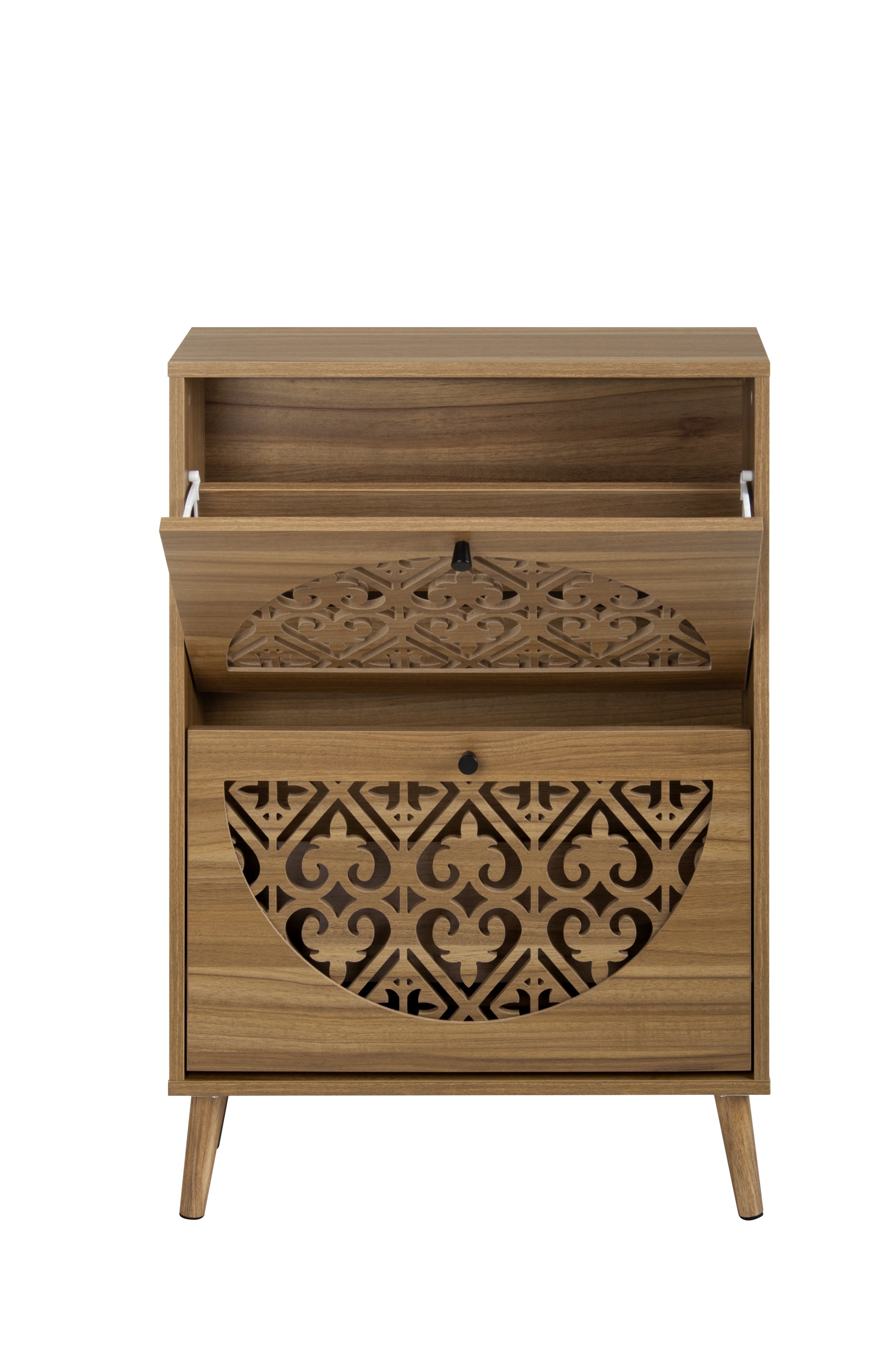 Japandi Narrow Shoe Cabinet with 2 Flip Drawers, Carved Floral Pattern Wooden Shoe Storage Organizer, Freestanding Hidden Shoe Rack for Entryway, Hallway, Living Room, 6.7"x23.63"x34.26",Walnut Brown image 12
