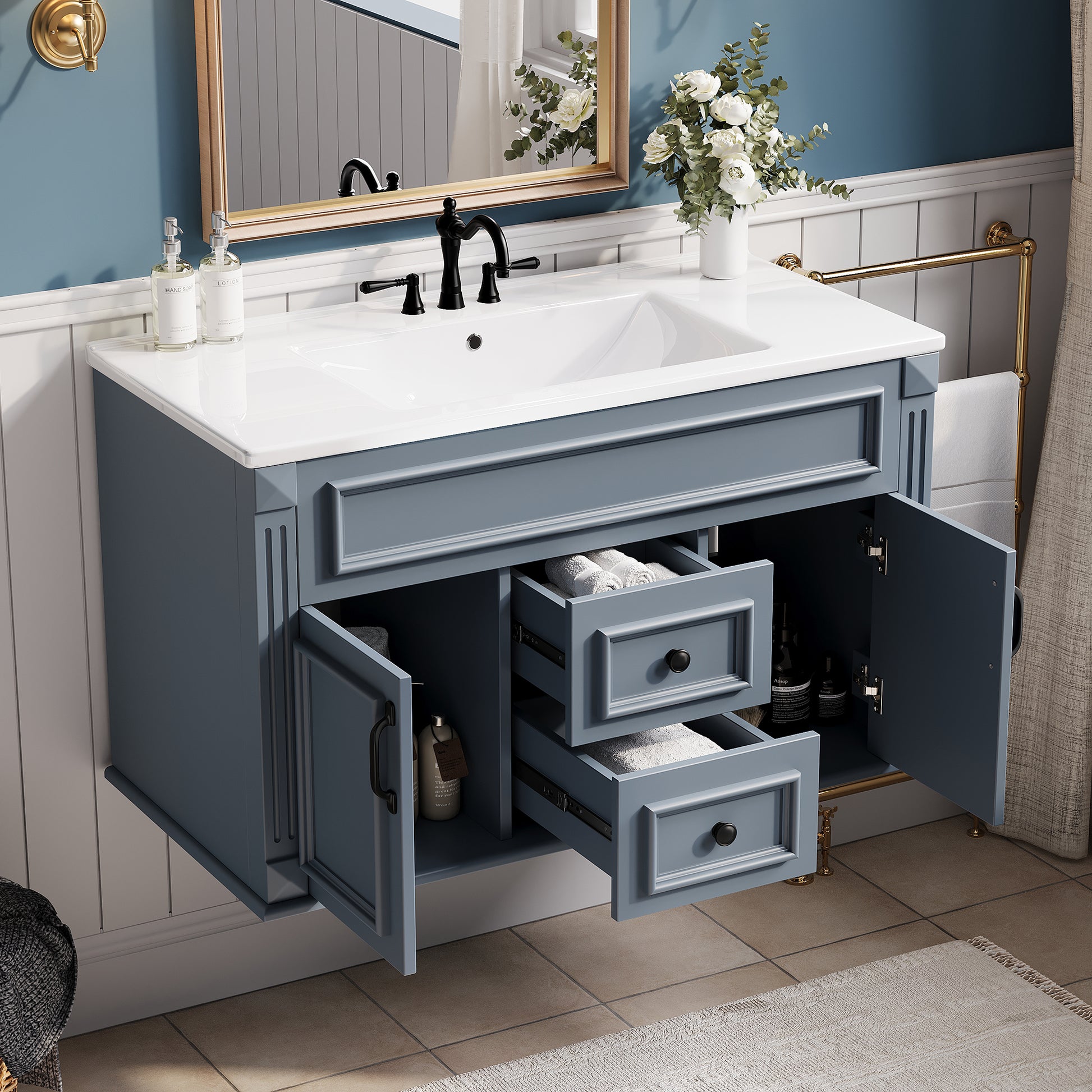 36 inch Wall Mounted Bathroom Cabinet with Ceramic Sink and Drawers, French Simple Style Vanity with Soft Closing Hinges image 2