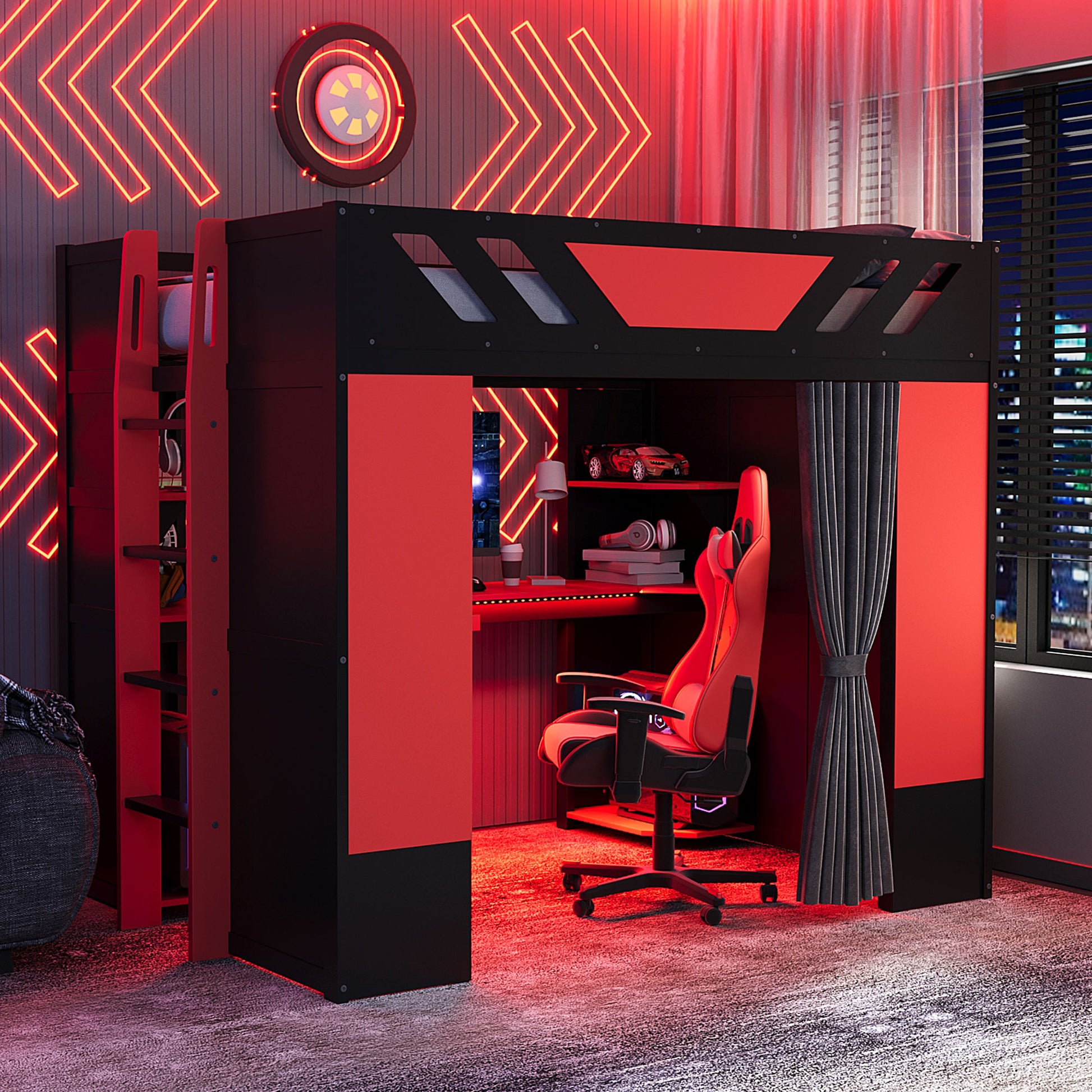 Full Size Wood Loft Bed with,Shelves,Blackout Curtains,and RGB Lights,Black+Red image 1