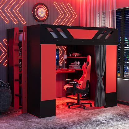 Full Size Wood Loft Bed with,Shelves,Blackout Curtains,and RGB Lights,Black+Red image 1