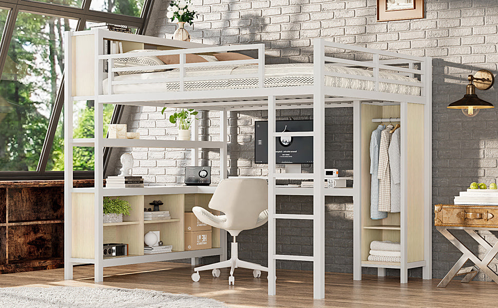 Metal Loft Bed with Wardrobe And L-shaped Desk, Queen Size Loft Bed with Storage Cubes and Shelves, Heavy Duty Loft Bed for Kids Teens Adults, White Wood-grain image 12