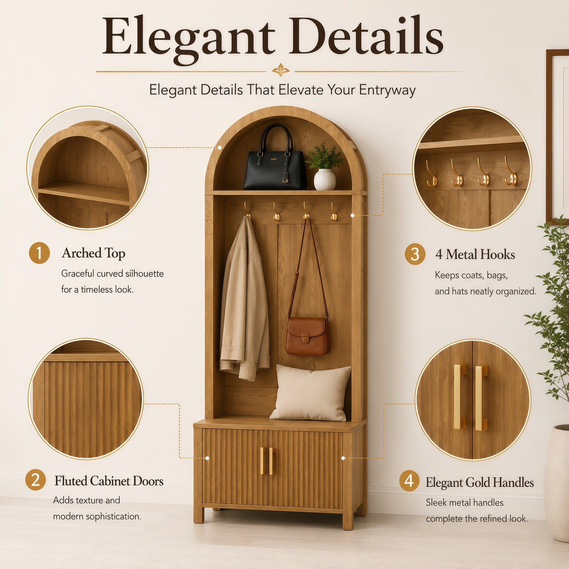 Arched Top Hall Tree with Bench and Shoe Storage,mudroom bench with storage,70.3"Arch Coat Rack with 4 Metal Hooks and 2 Fluted Doors,Farmhouse Style Furniture Organizer for Mudroom, Entryway, Hallway image 12