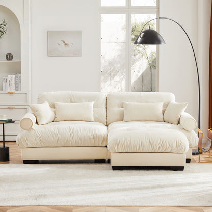 Over Size Modern Two-seater Sofa with Ottoman, Velvet 2-Seater with Round Bolster Armrests,With Waist Pillow and Throw Pillows,Small L Shape Sofa For Living Room, Reading Room, Loft and Bedroom,Cream image 2