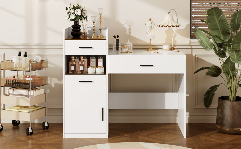 3-in-1 Vanity Desk with Flip Top Mirror, Glass Top Compact Makeup Vanity & Hidden Storage, Vanity Table with 3 Drawers and Cabinet, Space-Saving Dressing Tablefor Bedroom, White image 8