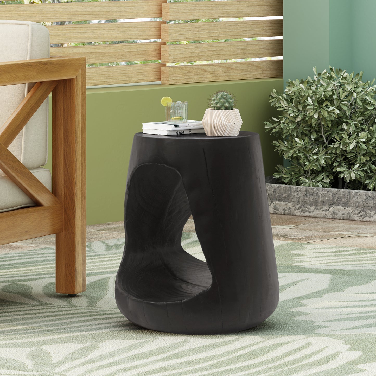 MGO Hollow Side Table, Wood-like texture, Black Color image 2