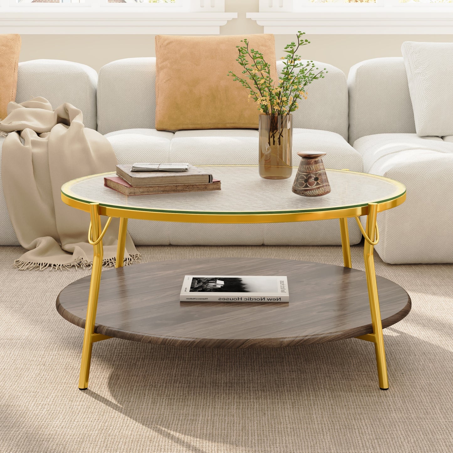 Modern Round Walnut 2-Tiered Coffee Table with Glass Top and Gold Base for Living Room, 29.9" image 4