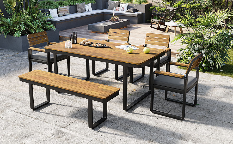 6-Piece Outdoor Dining Set, Acacia Wood, 1 Table with 4 Chairs & 1 Bench for 6-7 Person, Comfortable Cushions on Chairs, Adjustable Feet, for Patio, Garden, Backyard Dining, Gray Cushion image 8