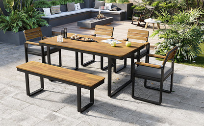 6-Piece Outdoor Dining Set, Acacia Wood, 1 Table with 4 Chairs & 1 Bench for 6-7 Person, Comfortable Cushions on Chairs, Adjustable Feet, for Patio, Garden, Backyard Dining, Gray Cushion image 8