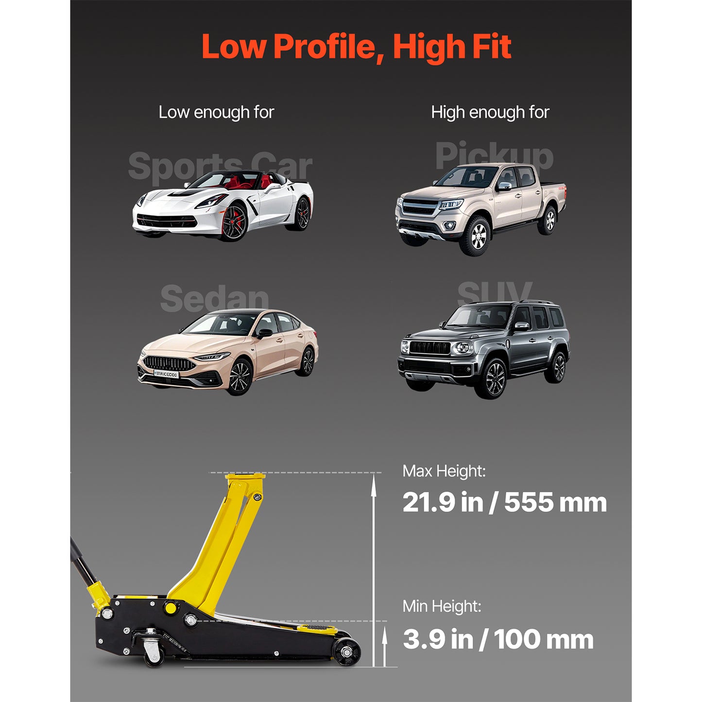 Low Profile Floor Jack, 4 Ton (8818 lbs) Capacity, Steel Racing Floor Jack with Dual Pistons Quick Lift Pump, Hydraulic Trolley Car Lift for Sport Utility Vehicle, Lifting Range 3.9-21.5 Inches image 3