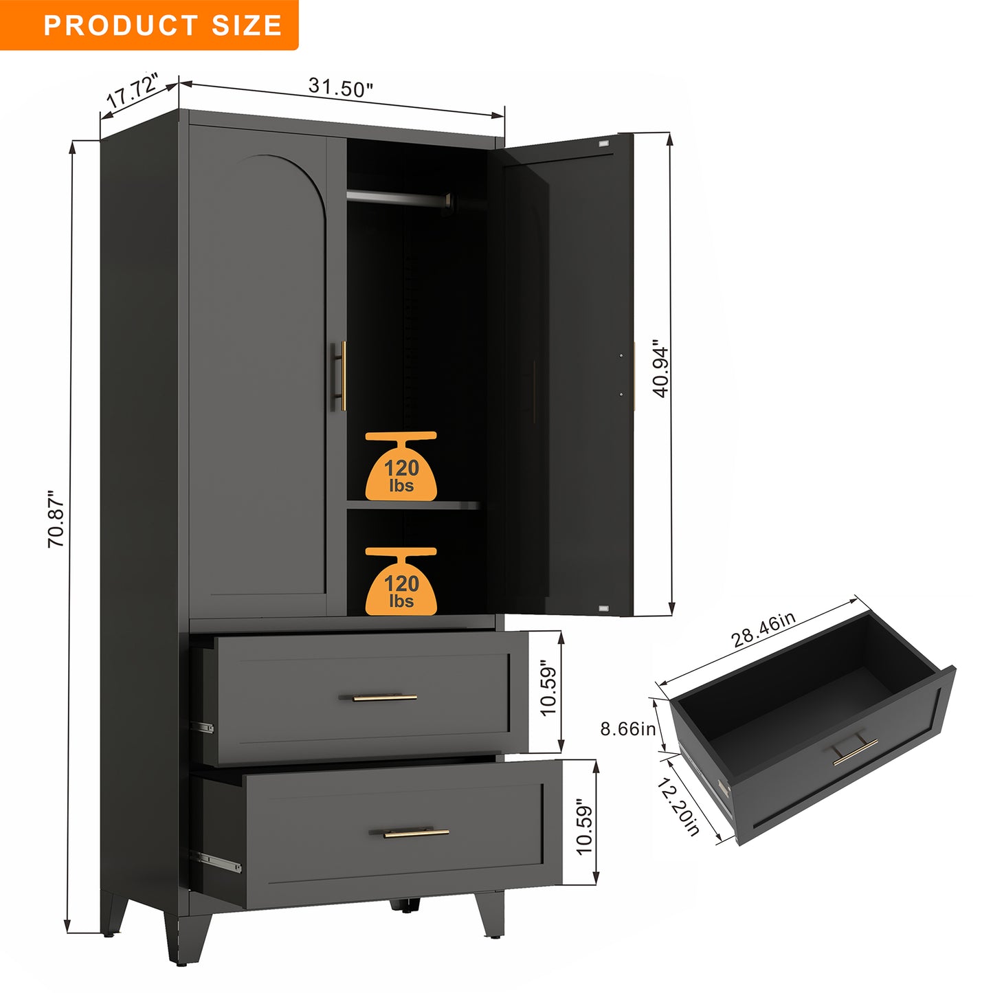 71" Tall Metal Wardrobe Cabinet with 2 Drawers and Hanging Rod, 2 Doors Wardrobe Closet with Shelf for Bedroom, Office, Laundry Room,Entryway,Foyer,Guesthouse (Black) image 6