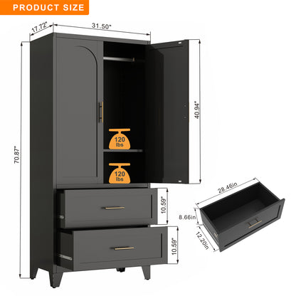 71" Tall Metal Wardrobe Cabinet with 2 Drawers and Hanging Rod, 2 Doors Wardrobe Closet with Shelf for Bedroom, Office, Laundry Room,Entryway,Foyer,Guesthouse (Black) image 6