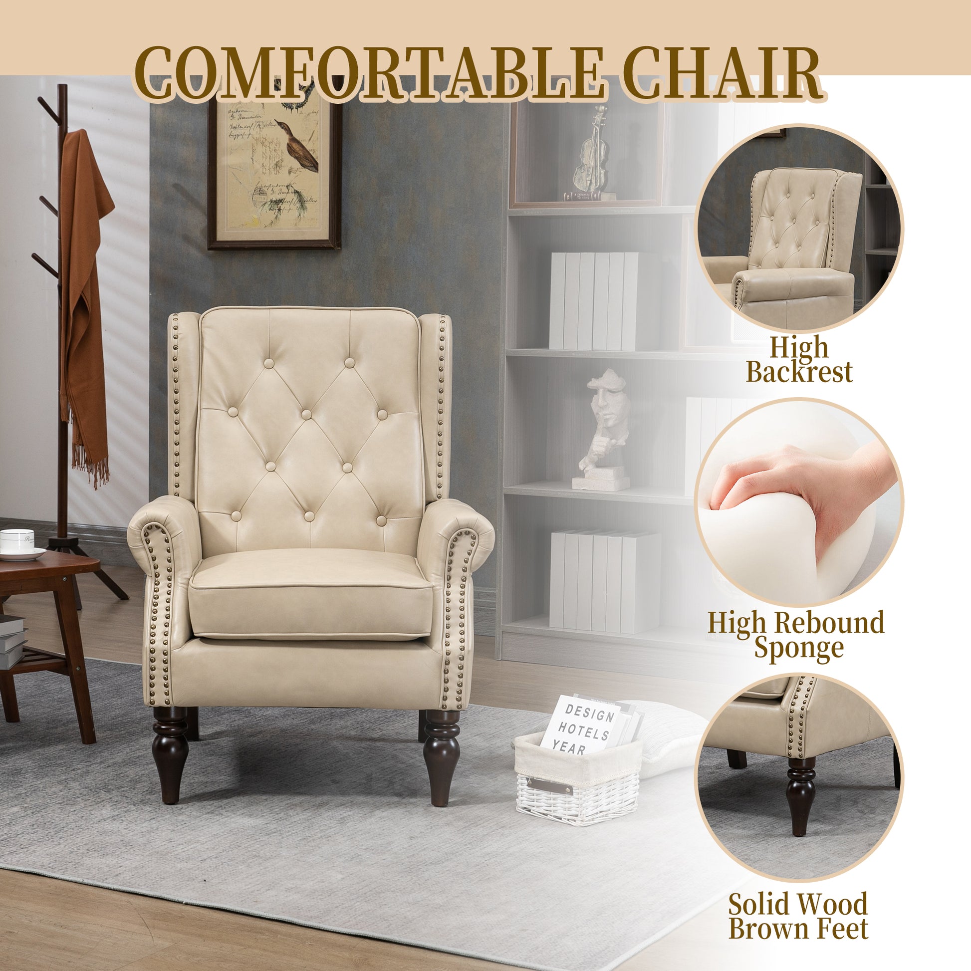 Wood Frame Armchair, Modern Accent Chair Lounge Chair with Sturdy Wood Legs for Living Room Bedroom (Camel PU) image 4