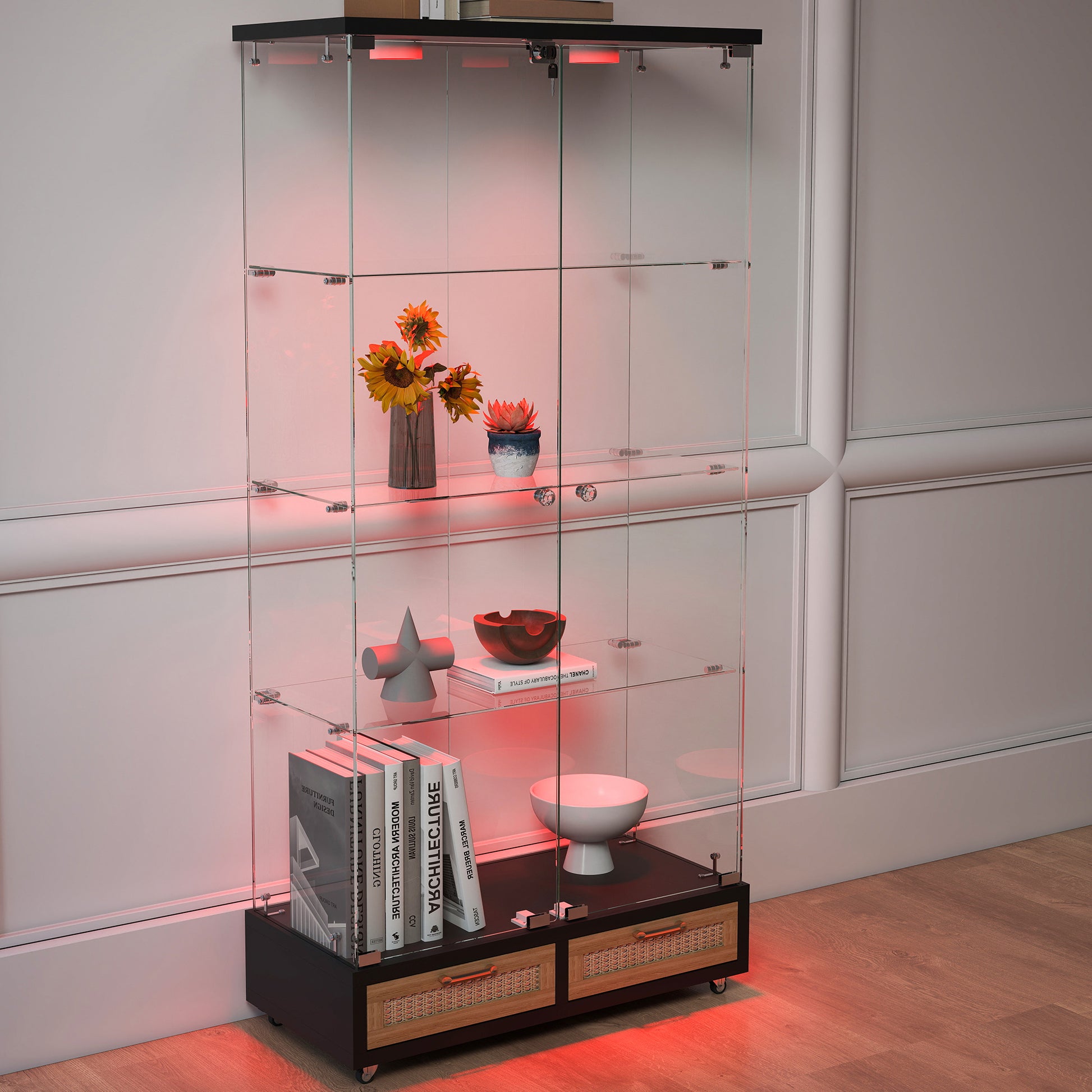 Modern Glass Display Cabinet with Large Drawers,Quick-assembly Antique Cabinet with LED lights,Tempered Glass Bookshelf,2-Door Storage Case with 4 Shelves for Living Room and Bedroom,black and natural image 9
