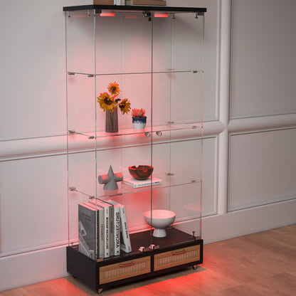 Modern Glass Display Cabinet with Large Drawers,Quick-assembly Antique Cabinet with LED lights,Tempered Glass Bookshelf,2-Door Storage Case with 4 Shelves for Living Room and Bedroom,black and natural image 9