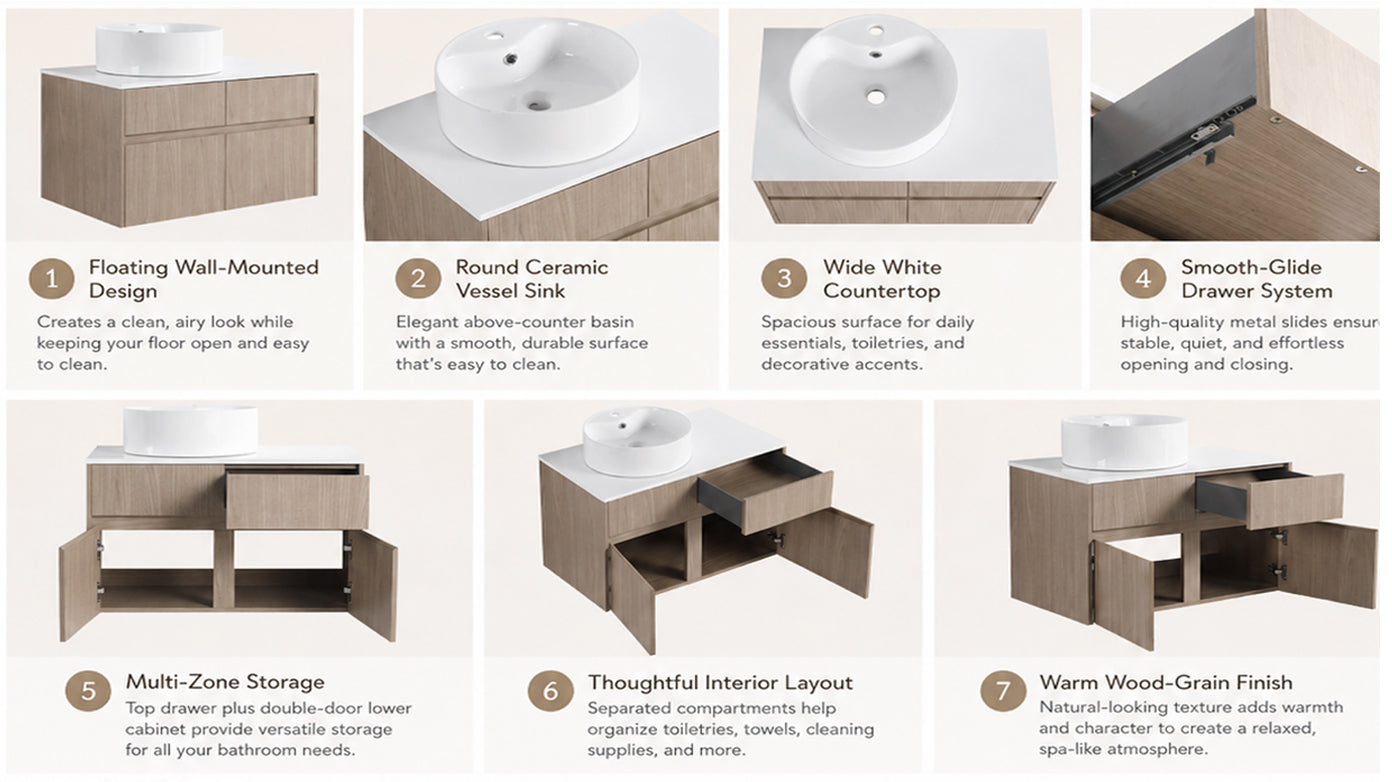 32 Inch Wall-Mounted Bathroom Vanity with Ceramic Art Basin, and PVC Flat Panel, 2-Soft Close Doors and 1-Drawer, KD-Packing, Particle Board image 3