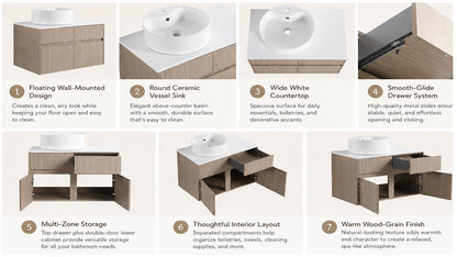 32 Inch Wall-Mounted Bathroom Vanity with Ceramic Art Basin, and PVC Flat Panel, 2-Soft Close Doors and 1-Drawer, KD-Packing, Particle Board image 3