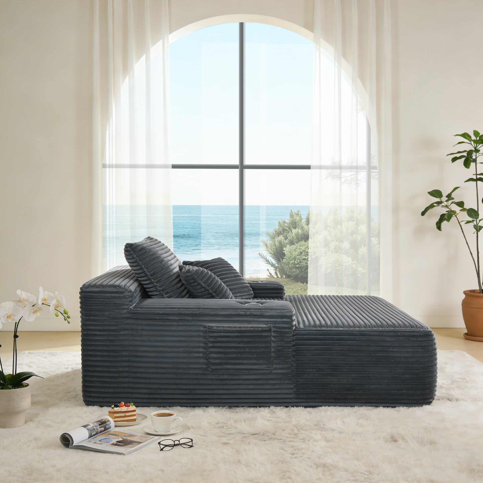 NEW Convertible Chaise Lounge Chair Plush with Wide Armrest & Throw Pillows, Cozy Boneless Sleeper Sofa Bed Armchair,with cup holder, for Living Room, Bedroom, No Assembly Required,Grey image 2