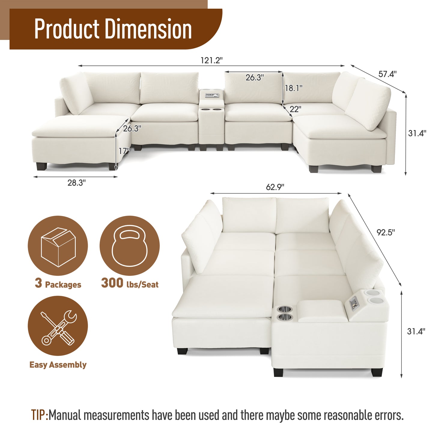 121.2" Modular U-Shaped Cloud Sectional Sofa with Movable Ottoman, Chenille Convertible Sofa Bed with Hidden Storage&USB Ports&Cup Holders&Bluetooth Speaker for Living Room, Apartments, Beige/White image 2