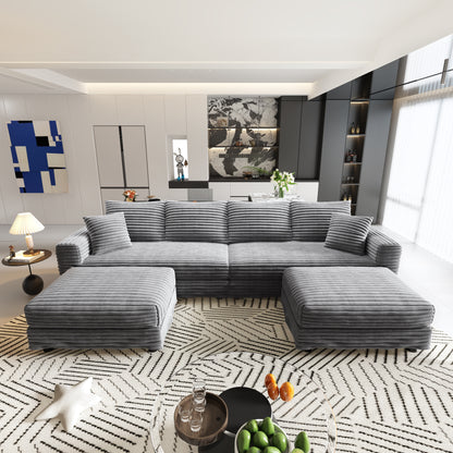 102.4 "Plush Corduroy 4-Seat Sofa,Modern Comfy Upholstered Sofa Cloud Couch,Deep Seat Couches with Soft Pillows and 3 Ottomans,Convertible Sofa Lounge Chair,Grey(Old SKU:W1885S00284) image 4