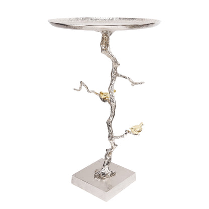 16.9x16.9x28" Round Aluminum Side Table with Silver Branch Design and Gold Bird Accents image 3