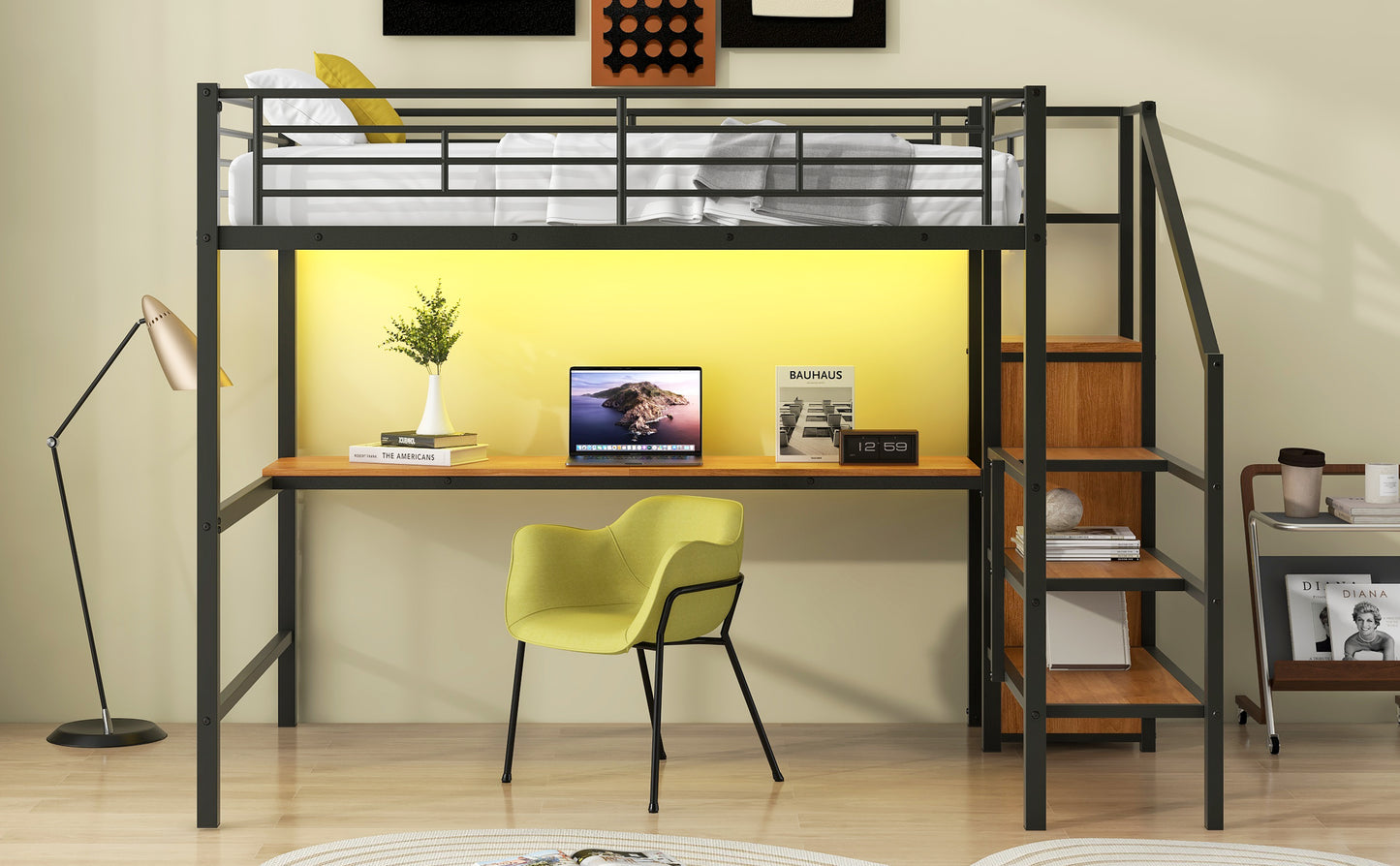 Full Size Metal Loft Bed with Desk, Storage Staircase, Small Wardrobe and LED Light,Black image 7