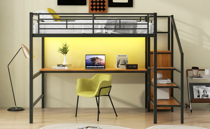 Full Size Metal Loft Bed with Desk, Storage Staircase, Small Wardrobe and LED Light,Black image 7