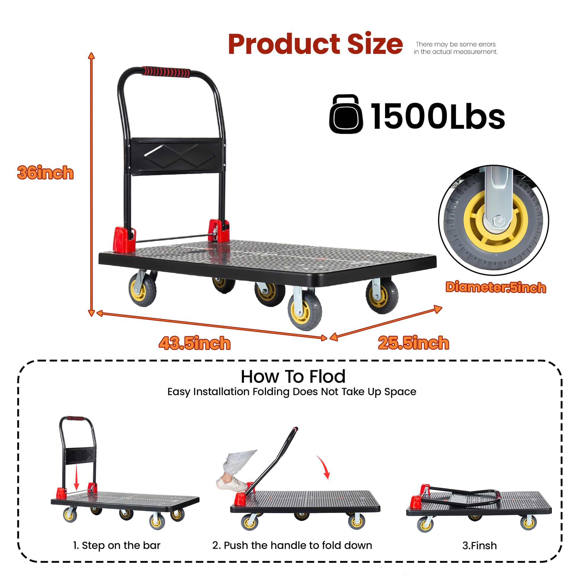 25.5"x43.5" Platform Truck, Foldable Handcart with 5'' TPR 360-Degree Silent Wheels, 1500lbs Heavy-Duty Push Dolly Cart, 5 Steel Load-Bearing Beams for Warehouse Garage Home Use image 6