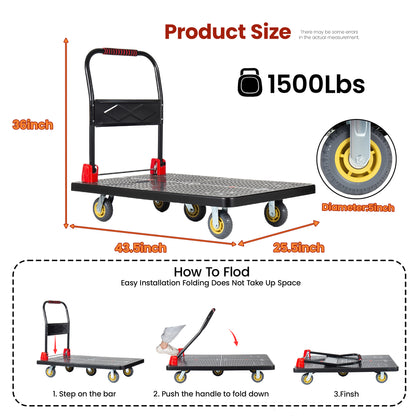 25.5"x43.5" Platform Truck, Foldable Handcart with 5'' TPR 360-Degree Silent Wheels, 1500lbs Heavy-Duty Push Dolly Cart, 5 Steel Load-Bearing Beams for Warehouse Garage Home Use image 6