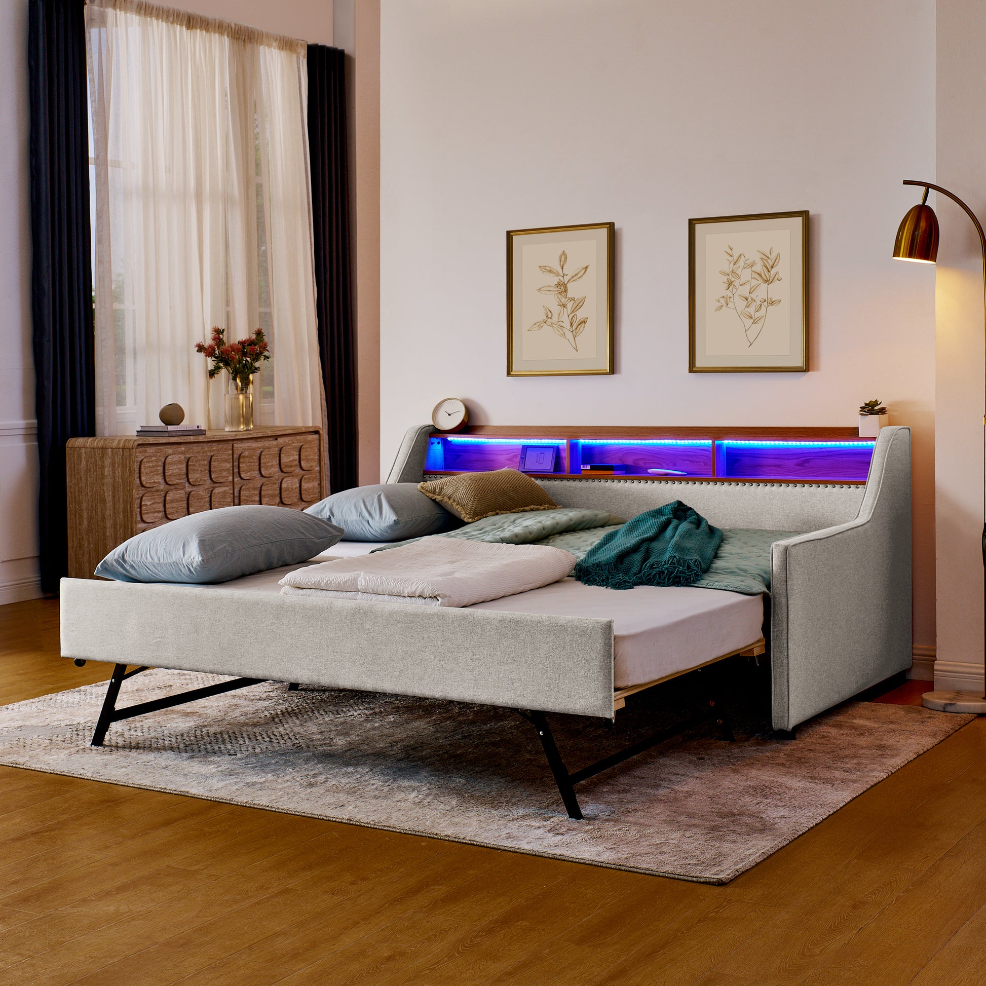 Twin Size Upholstery Sofa Bed with Three LED lights, with Storage Adjustable Headboard, with Foldable Leg Pull up Trundle Bed and Wireless Charging, Linen Padded Sofa Bed frame, Beige image 3