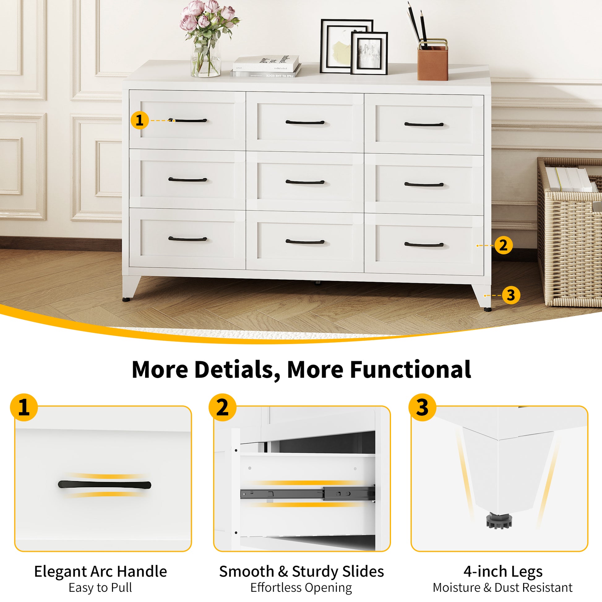 9 Drawer Dresser for Bedroom, Metal Profile Chest of Drawers, White Bedroom Dresser with Storage Drawers for Closet, Hallway, Entryway, Steel Furniture with Quiet-Glide Rails, Easy-Clean & Scratch image 5