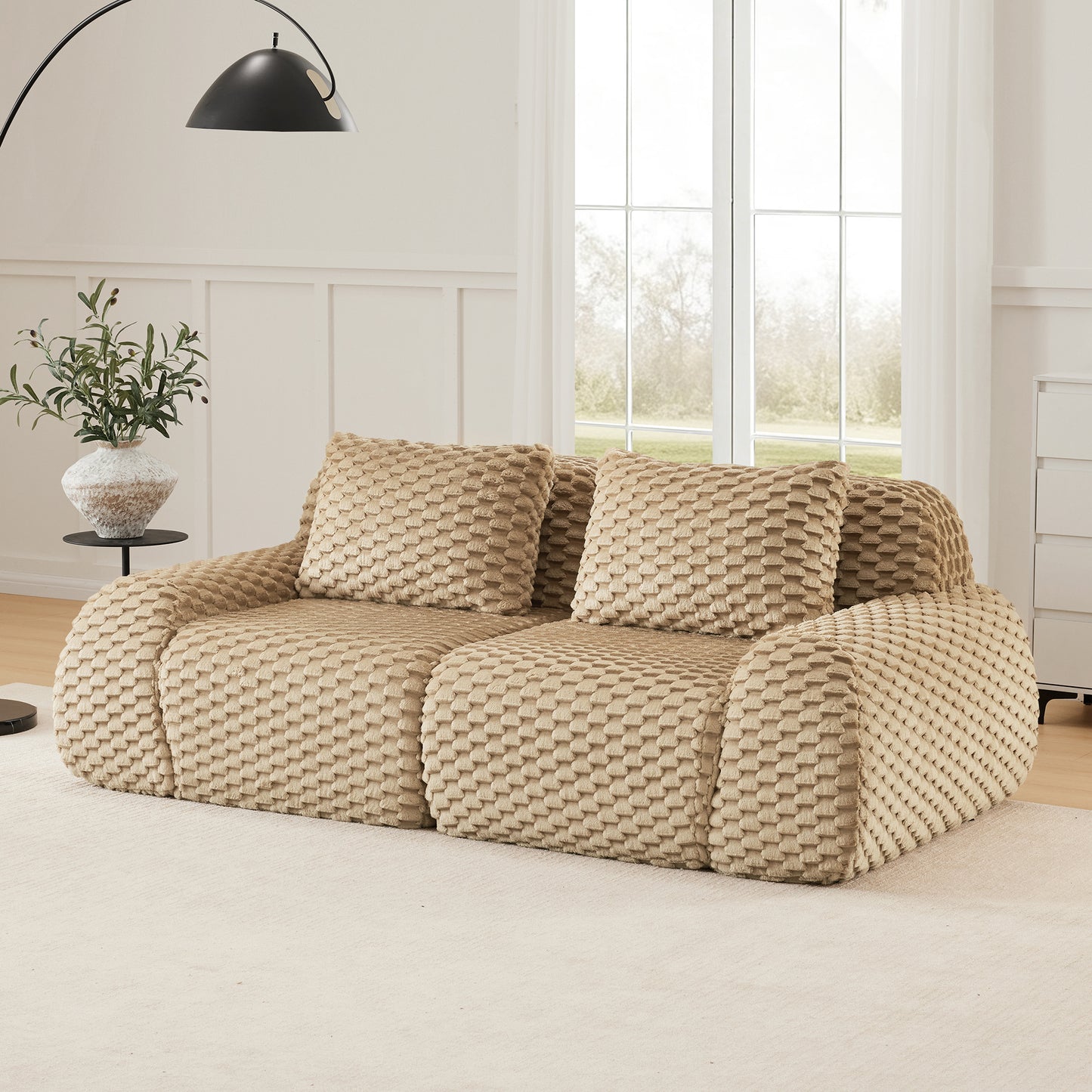 82" Modern Modular Sectional Sofa for Living Room,Flannelette Fabric,highly textured,Oversized 2-Seater Couch with Deep Seat,Buckle connection,Anti-slip Design,No Assembly,boneless sofa,Light Camel image 3