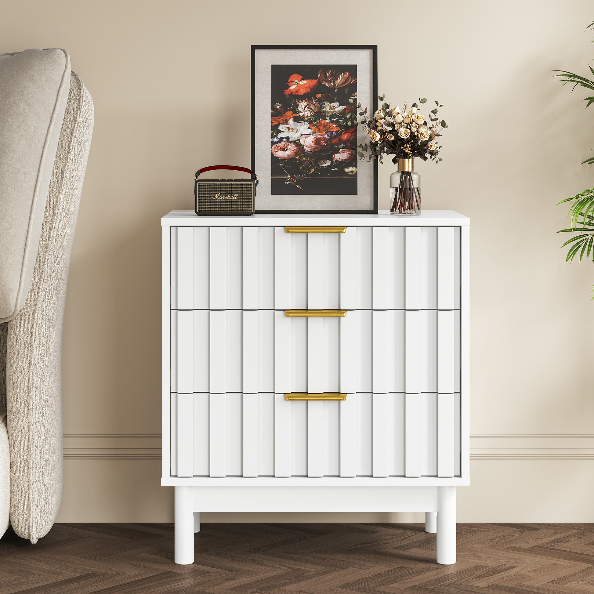 3 Drawer Dresser with Fluted Panel Design, Modern Wood Chest of Drawers with Chic Edge Pull, Large Nightstand Side Table, Wood Storage Organizer for Bedroom, Living Room, Entryway, White image 5