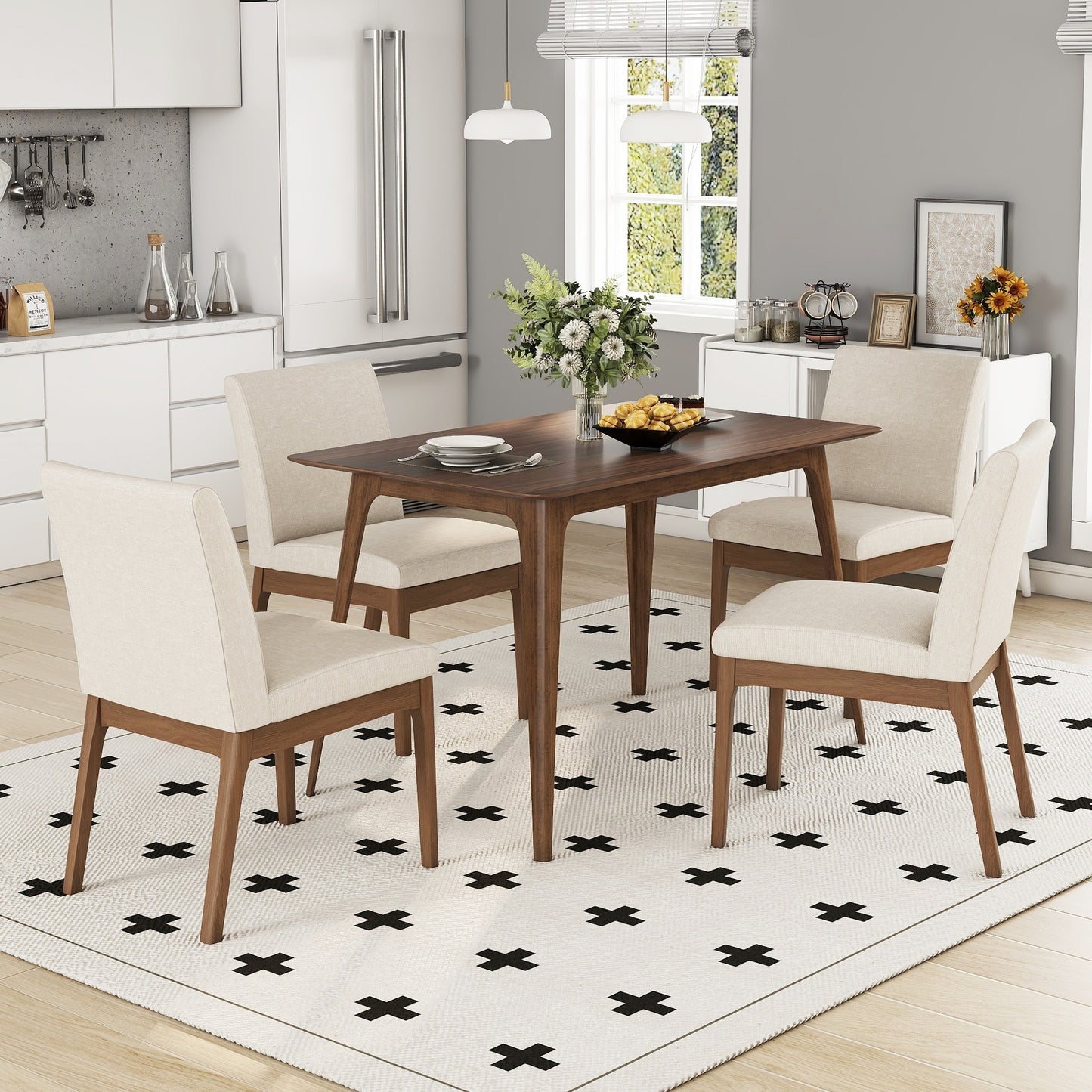 5-Piece Dining Table Set with One Solid Wood Frame Table and 4 Upholstered Chairs for Dining Room, Walnut+Light beige (same sku: N759S924557K / N759S004001K) image 10