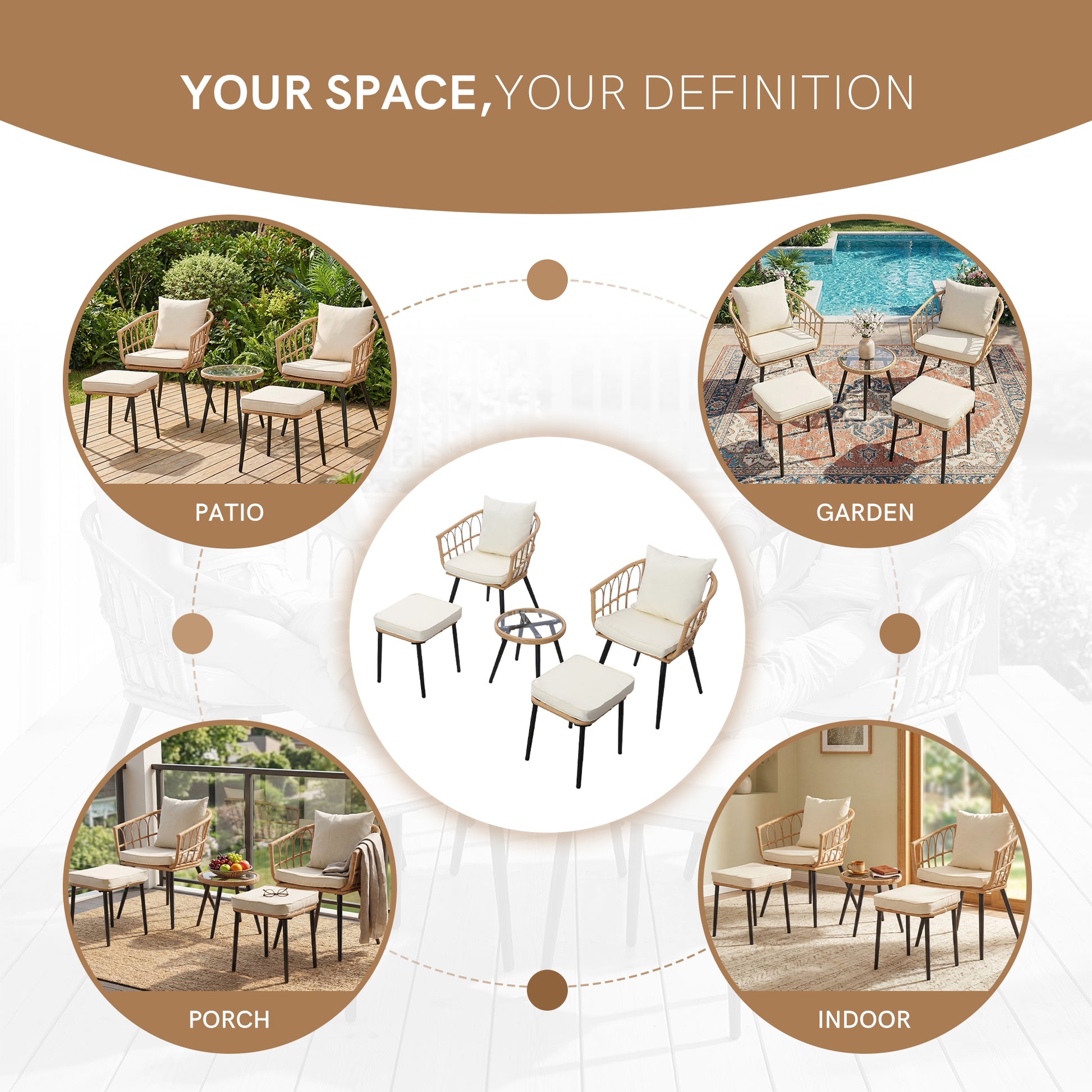 5 Piece Patio Furniture Set, Outdoor Wicker Small Conversation Bistro Set, All-Weather PE Rattan Chairs with Ottoman & Coffee Table, Ideal for Balcony Porch Deck Yard Poolside image 7