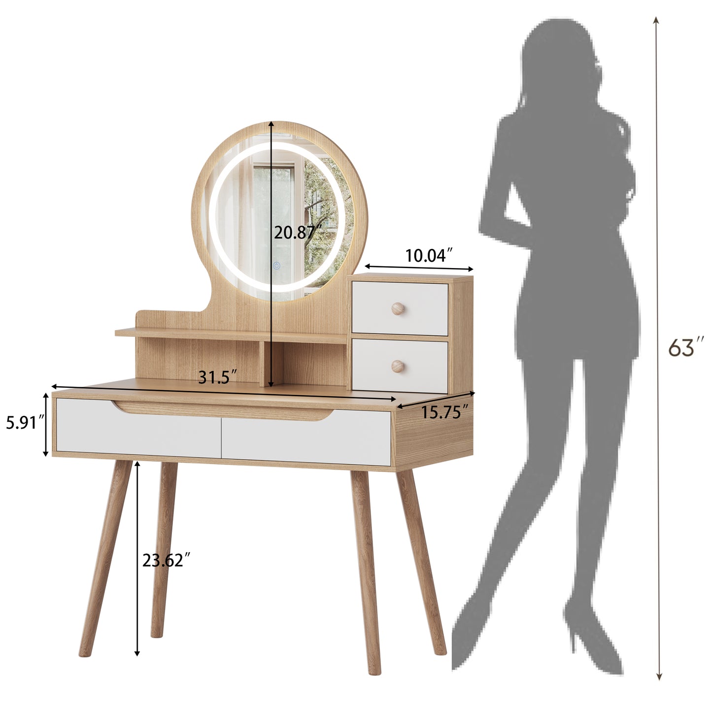 Makeup Vanity Desk with 3 Adjustable Lighted Mirror with solid wood table feet, Dressing Table Set with 4 drawers and 3 open shelves for Small space Bedroom image 9